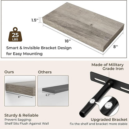 RICHFOCUS 16Inch Floating Shelves for Wall 2 Pack Shelves for Bedroom|Kitchen|Bathroom Wall Mounted Rustic Wood Floating Shelf with Invisible Brackets for Books|Storage|Decor, Grey