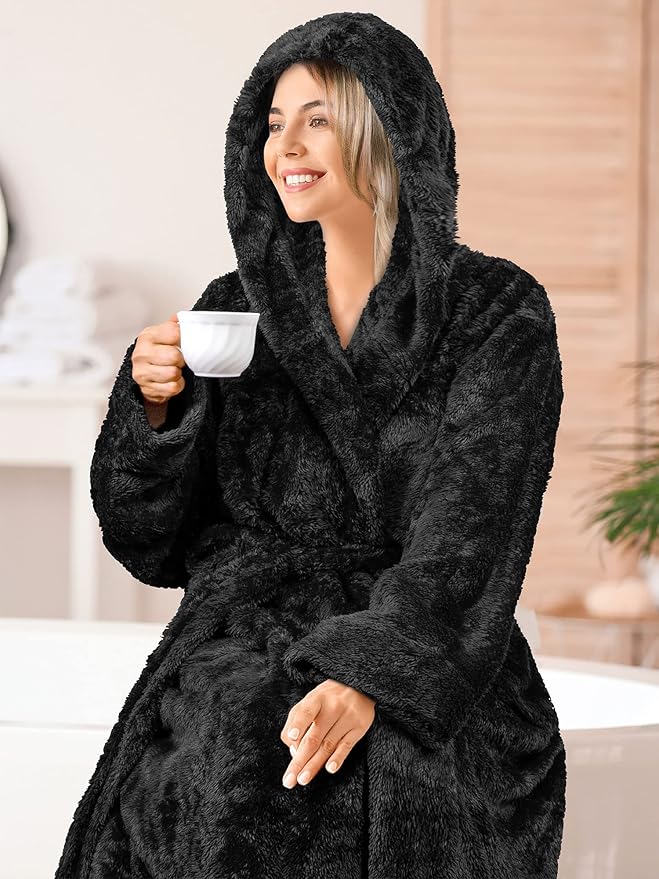 PAVILIA Women Hooded Plush Soft Robe | Fluffy Warm Fleece Sherpa Shaggy Bathrobe