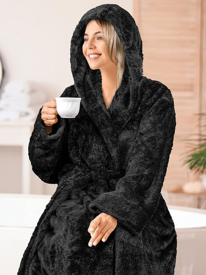 PAVILIA Women Hooded Plush Soft Robe | Fluffy Warm Fleece Sherpa Shaggy Bathrobe