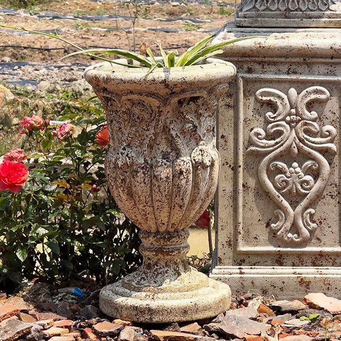 Vintage European Giant Garden Urn Planter, Decorative Cement and Fiber Flower Pot, Make Rust Finished, Wrap Foam Safely Delivered from Local Warehouse (Vintage, Large)