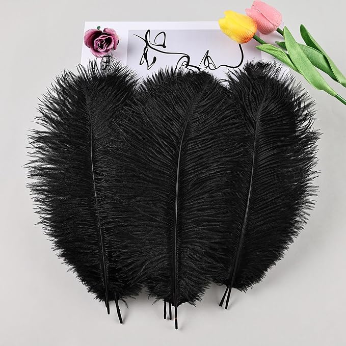 THARAHT Black Ostrich Feathers 24pcs Natural Bulk 10-12Inch 25cm-30cm for Crafts Wedding Party Centerpieces Halloween and Home Decoration Feathers