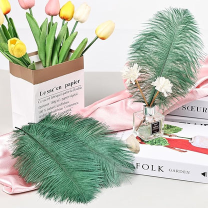 THARAHT Blackish Green Ostrich Feathers 12pcs Natural Bulk 8-10Inch 20cm-25cm for Crafts Wedding Party Centerpieces Mardi Gras Decoration Feather