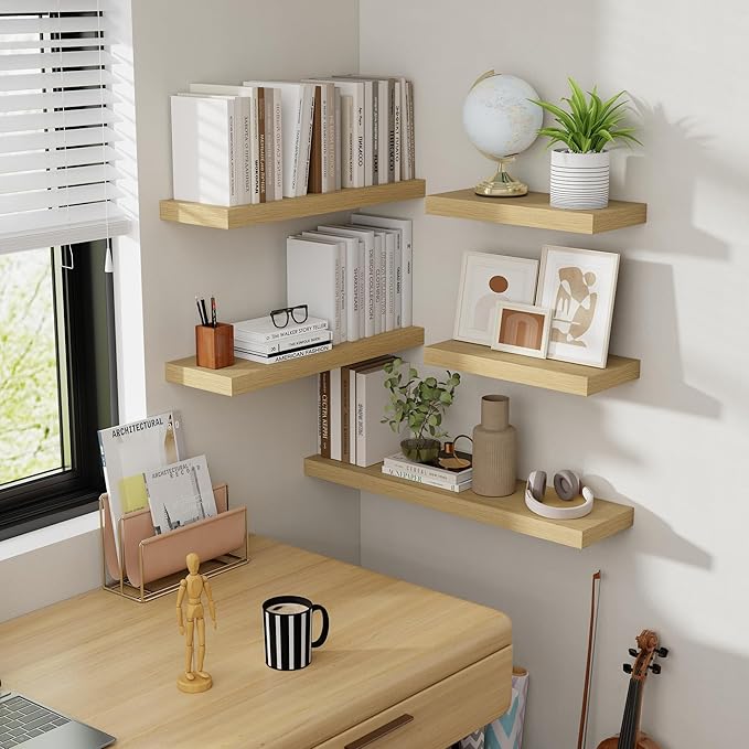 36 Inch Floating Shelves, 8 Inch Deep Floating Shelves for Wall, Hanging Shelf with Invisible Brackets, Deep Shelves for Bathroom, Bedroom, Living Room, Oak, Set of 2