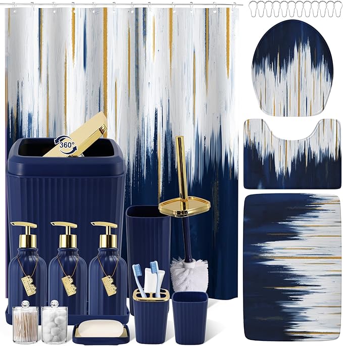 32PC Bathroom Sets with Shower Curtain and Rugs-Navy Blue Bathroom Accessories,Non Slip Bathroom Rugs Set with Toilet Lid Cover, Waterproof Shower Curtain, 3PC Soap Dispenser with Trash Can