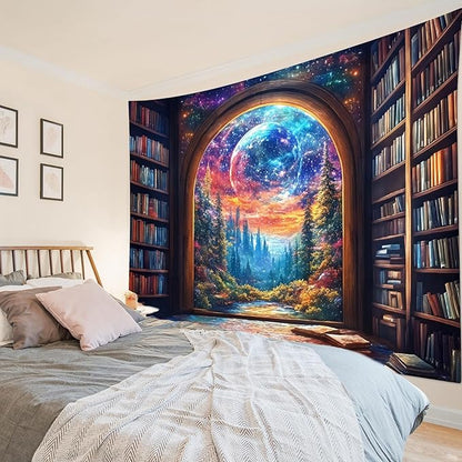 LB Fantasy Bookshelf Moon Tapestry, Forest Tree and Vintage Library Classroom Wall Tapestry for Bedroom, Galaxy Cool Wall Art for Living Room Dorm Home Decor Ready to Hanging, 60 x 40 Inches