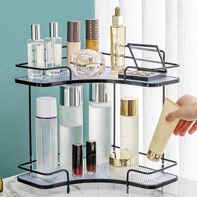 Seoneiro 2 Tier Corner Bathroom Counter Organizer, Cosmetic Skincare Organizer, Bathroom Countertop Perfume Tray Vanity Organizer, Kitchen Spice Corner Storage Shelf