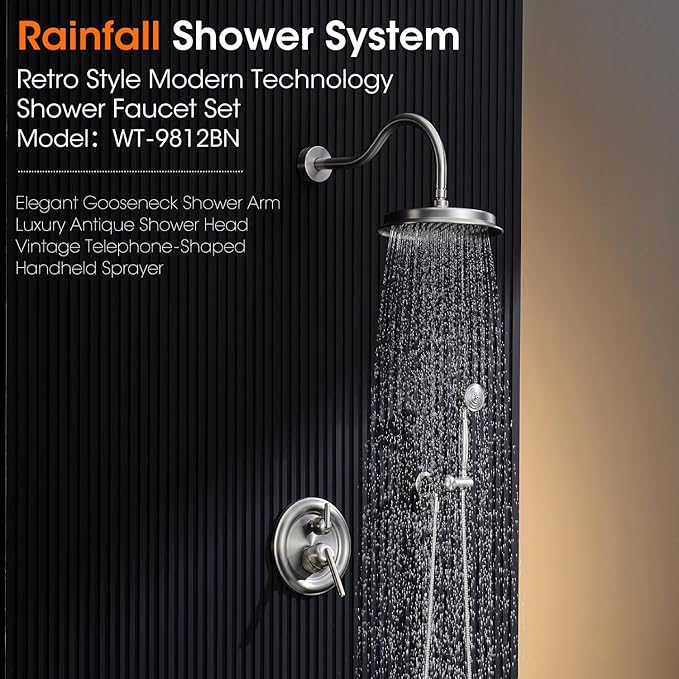 Rainfall Shower System Shower Faucet Set with Rain Shower Head and Handheld Spray Wall Mounted Bathroom Luxury Mixer Combo Set Rough-in Valve Body and Trim Included 9 inch Brushed Nickel