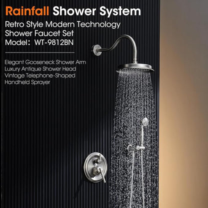 Rainfall Shower System Shower Faucet Set with Rain Shower Head and Handheld Spray Wall Mounted Bathroom Luxury Mixer Combo Set Rough-in Valve Body and Trim Included 9 inch Brushed Nickel