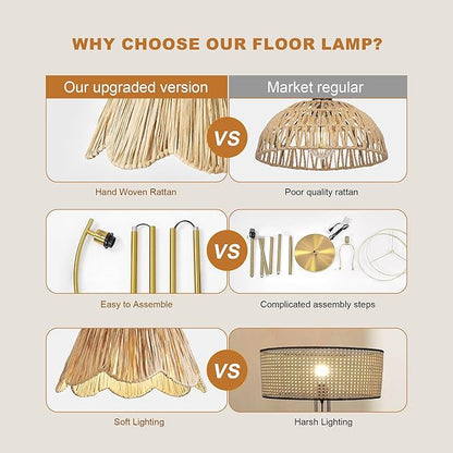 Oneach Boho Floor Lamp with 3 Color Temperatures, Farmhouse Floor Lamps for Living Room with Remote & Dimmable Bulb, Rattan Floor Lamp for Bedroom, Gold