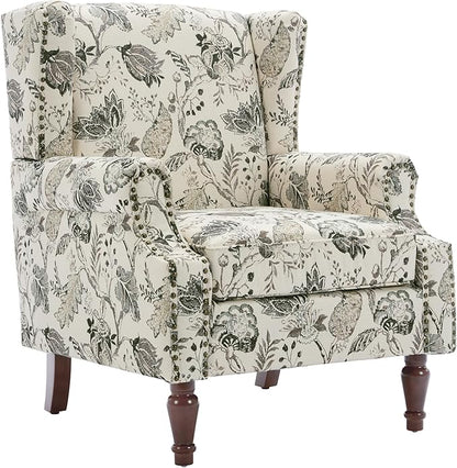 UIXE High Back Floral Accent Chairs Set of 2, Upholstered Armchair in Fabric, Retro Printed Wingback Arm Chair for Living Room, Nailhead Trim Single Sofa Bedroom Reading Seat - Plants Beige