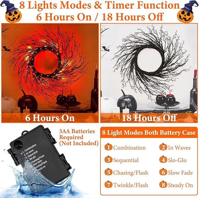 7 Ft Halloween Decorations Willow Vine Twig Garland with 8 Modes Timer 63 LED Orange Lights, Halloween Garland with Waterproof Battery Operated for Wall Fireplace Decorations Indoor Outdoor