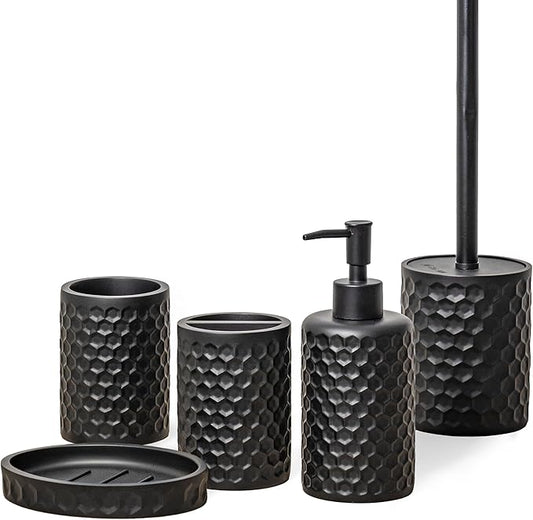 ZCCZ Bathroom Accessories Set 5 Pcs - Soap Dispenser, Toilet Brush, Toothbrush Holder, Tumbler, Soap Dish - Vintage Decor for Countertop Vanity Organizer, Black Bathroom Accessory Collection