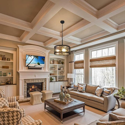 13" Industrial Drum Glass Chandelier, 3-Light Rustic Hanging Pendant Lights, Metal Round Lighting Fixture for Dining Room Foyer Entryway Hallway Bedroom, Clear Waterglass Drum Shade