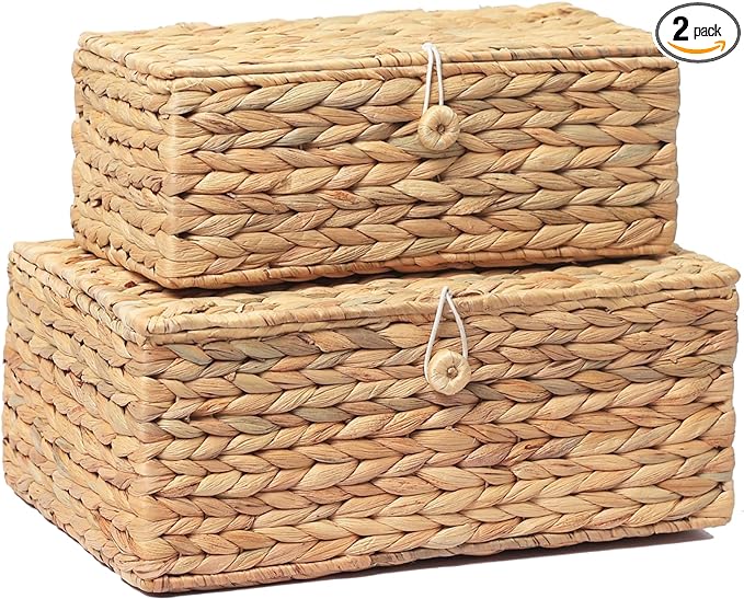 Set of 2 Rectangular Wicker Storage Bins with Lid, Rattan Basket Decorative Boxes, Multipurpose Organizer Display Boxes for Shelf Organizer, Boho Rattan Box for Home Decoration
