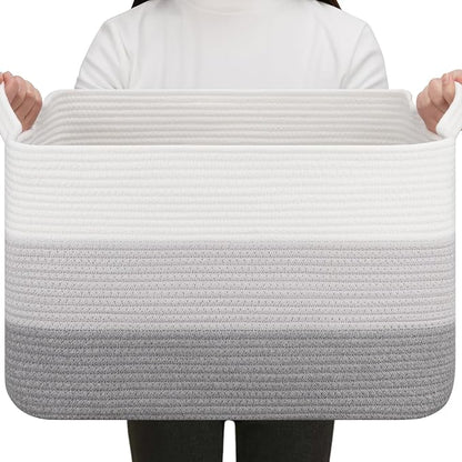 OIAHOMY Rectangle Woven Storage Basket - Nursery Cotton Rope Baskets for Storage, Toy Basket Organizing for Living Room, 17.7"x13.8"x11"- Pack of 3 - Gradient Gray