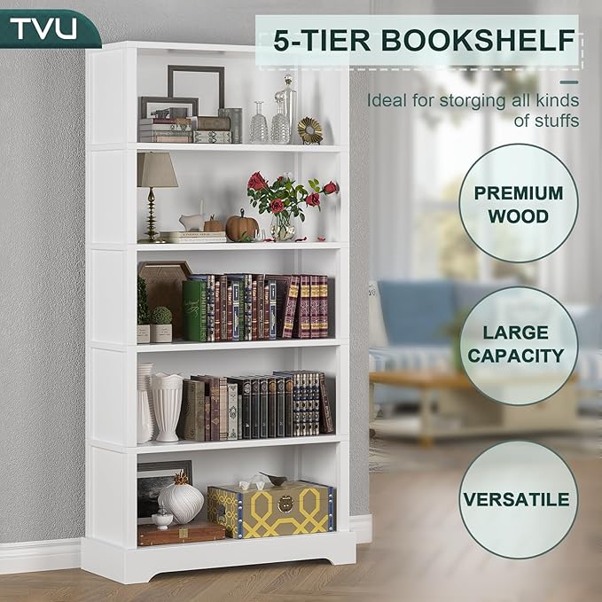 TVU 5-Shelf Wood Bookcase, 65 Inch Tall Bookshelf with Storage, Floor Standing Display Book Shelf，for Living Room Bedroom Study Office, White