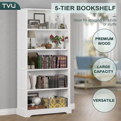 TVU 5-Shelf Wood Bookcase, 65 Inch Tall Bookshelf with Storage, Floor Standing Display Book Shelf，for Living Room Bedroom Study Office, White