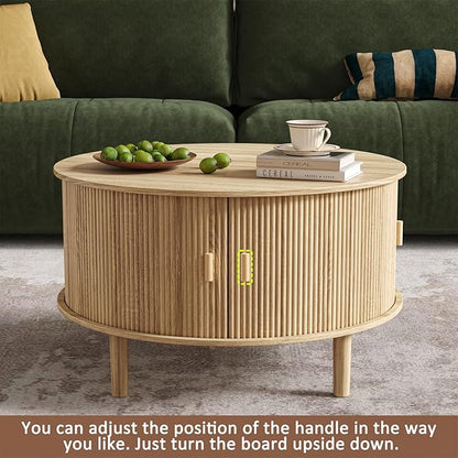 Coffee Table and TV Stand Set of 2, Round Center Table with Storage,Fluted Coffee Table with 360° Sliding Doors, 86.6" Entertainment Center for Bedroom, Living Room,Natural