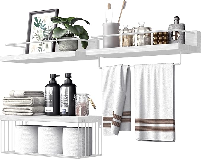 Bathroom Shelves Over Toilet for Wall, Floating Shelves with Storage Basket Paper Holer for Kitchen Living Room, Bedroom & Classroom, Set of 3 (White)