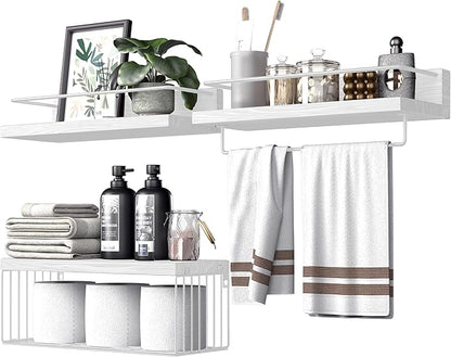 Bathroom Shelves Over Toilet for Wall, Floating Shelves with Storage Basket Paper Holer for Kitchen Living Room, Bedroom & Classroom, Set of 3 (White)