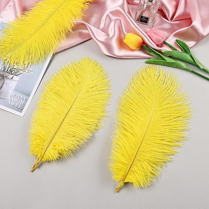 THARAHT Yellow Ostrich Feathers 12pcs Natural Bulk 10-12Inch 25cm-30cm for Crafts Wedding Party Centerpieces Halloween and Home Decoration Feathers