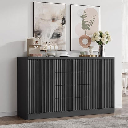 Buffet Cabinet with Storage, 60" Fluted Coffee Bar with 4 Drawers & 2 Doors, Modern Sideboard Buffet with Solid Wood Handle, Credenza Storage Cabinet for Living Room Kitchen Dining Room, Black(1PCS)
