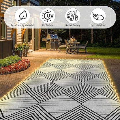 8x10ft Waterproof Outdoor Rug with LED Lights, Foldable Reversible Plastic Straw Mat for Patio RV Camping Picnic Balcony Beach Deck Indoor Outdoor Carpet, Black&White