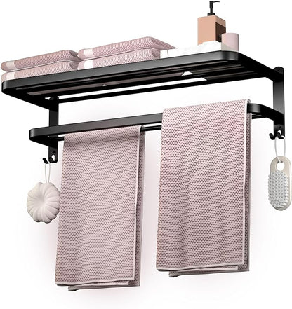 DDS-DUDES Bathroom Towel Rack Towel Shelf with Double Towel Bars Lavatory Wall Mount Holder with Hooks Stainless Steel Hotel Bath Rack (Matte Black 23 inches)
