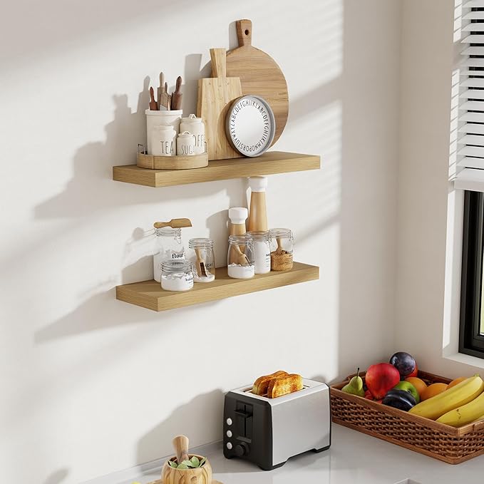 24 Inch Floating Shelves, 8 Inch Deep Floating Shelves for Wall, Hanging Shelf with Invisible Brackets, Deep Shelves for Bathroom, Bedroom, Living Room, Oak, Set of 2