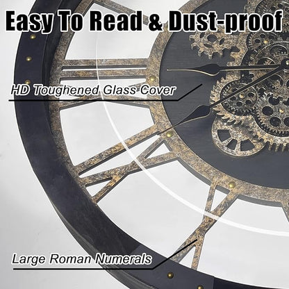 27 inch Large Real Moving Gears Wall Clock with Toughened Glass Cover, Oversized Solid Wood Retro Farmhouse Clock, Giant Decorative Rustic Wall Clock for Living Room Home Kitchen Office (Black)