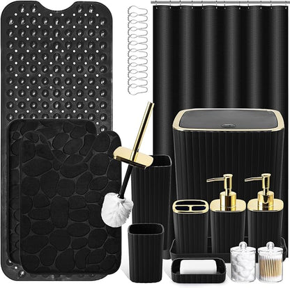 26PC Bathroom Accessories Set - Gorgeous Black Bathroom Set, Bathroom Accessory Set, Black Shower Curtain Set with Bathtub Mats for Shower Tub