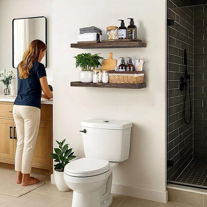 BGMG 30 inch Distressed Walnut Floating Shelves for Wall,High End Solid Real Wood 30 in Floating Shelf,Rustic Wooden Wall Mount Shelves Set of 2,Heavy Duty Bracket,30x6.7x1.25 inch