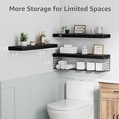 QEEIG Bathroom Shelves 24 inches Long - Floating Shelf for Wall Over Toilet Paper Storage Basket Farmhouse Set of 3, Black (019-60B3)