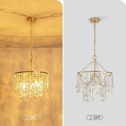 3-Lights K9 Crystal Chandeliers, Luxury Vintage Pendant Light Fixture for Dining Room, Living Room, D15*H20.4~66.8 inch (Adjustable), Clear Crystal & Gold Finish