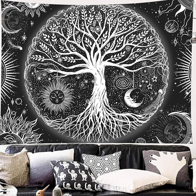 FORATER Tree of Life Tapestry Wall Hanging, Sun and Moon Aesthetic Wall Tapestry Black and White Tapestries Home Decor for Living Room Bedroom(53 x 61 Inch, Black and White)