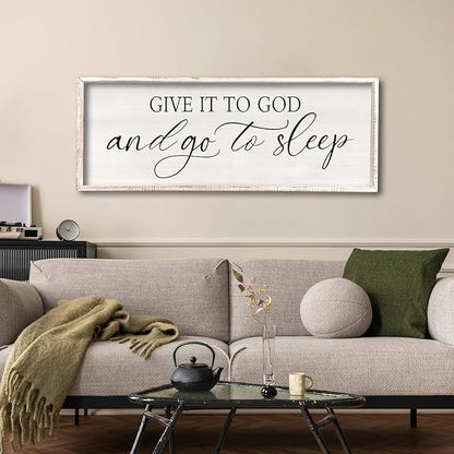 comurdyo Give It To God And Go to Sleep Sign 40''×15'' Master Bedroom Above Bed Wall Decor Wood Framed Couple Large Farmhouse Guest Room Rustic Simple Over Bedside Wall Art Hanging Decor (White)