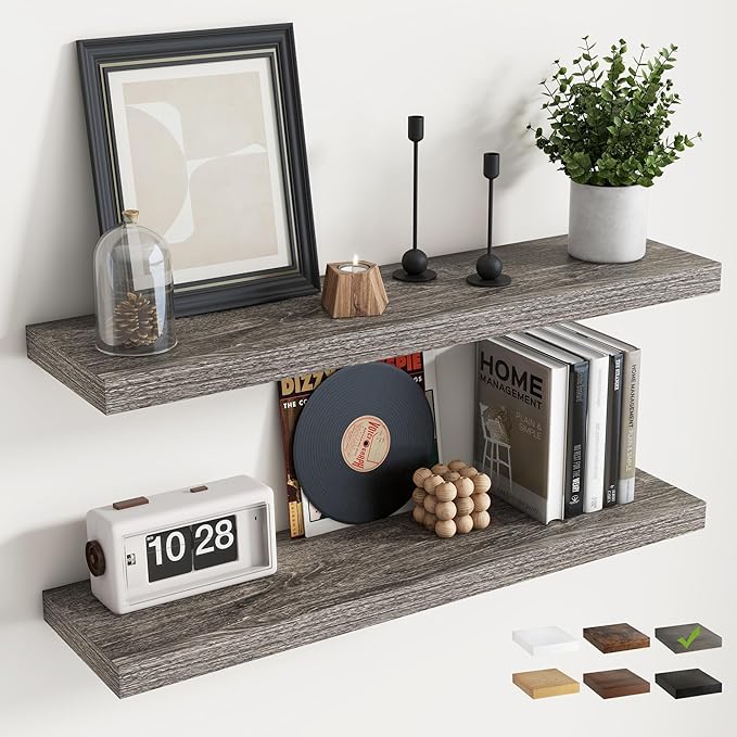 36 Inch Floating Shelves for Wall Set of 2, 8"D Wood Grain Bathroom Shelves with Invisible Brackets, Easy Install Engineered Wood Storage Shelves for Kitchen, Living Room, Bedroom, Grey Oak Finish