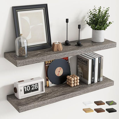 36 Inch Floating Shelves for Wall Set of 2, 8"D Wood Grain Bathroom Shelves with Invisible Brackets, Easy Install Engineered Wood Storage Shelves for Kitchen, Living Room, Bedroom, Grey Oak Finish