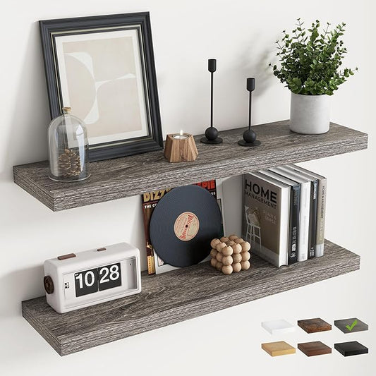 36 Inch Floating Shelves for Wall Set of 2, 8"D Wood Grain Bathroom Shelves with Invisible Brackets, Easy Install Engineered Wood Storage Shelves for Kitchen, Living Room, Bedroom, Grey Oak Finish