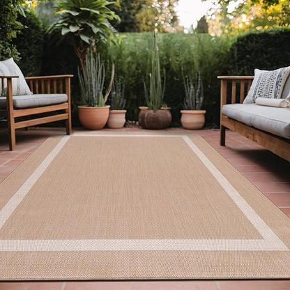 Bordered Outdoor Rug 9x12 Washable Outside Carpet for Indoor Patio Porch Waterproof Easy Cleaning Non Shedding Area Rugs Beige 9 x 12