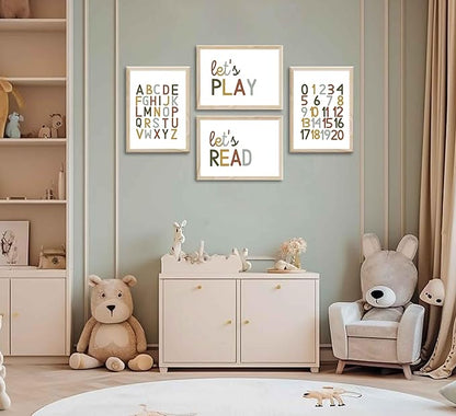 4 Pcs Boho Playroom Canvas Wall Art Nursery Toddler Educational Let's Read Let's Play Painting Pictures Wall Decor Posters Print Artwork for Girl Boy Childs Room Classroom Home Decoration Unframed