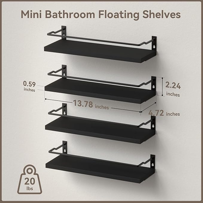 RICHER HOUSE Bathroom Floating Shelves with Guardrail, Set of 4 Rustic Wall Mounted Storage Shelves, Over Toilet - Black