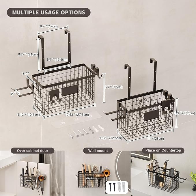 2 Pack Hair Tool Organizer,Adhesive Hair Dryer Holder Cabinet Door/Wall Mounted Adjustable Height Blow Dryer Holder Under Sink Bathroom Hair Appliance Organizer and Storage Countertop(Black)