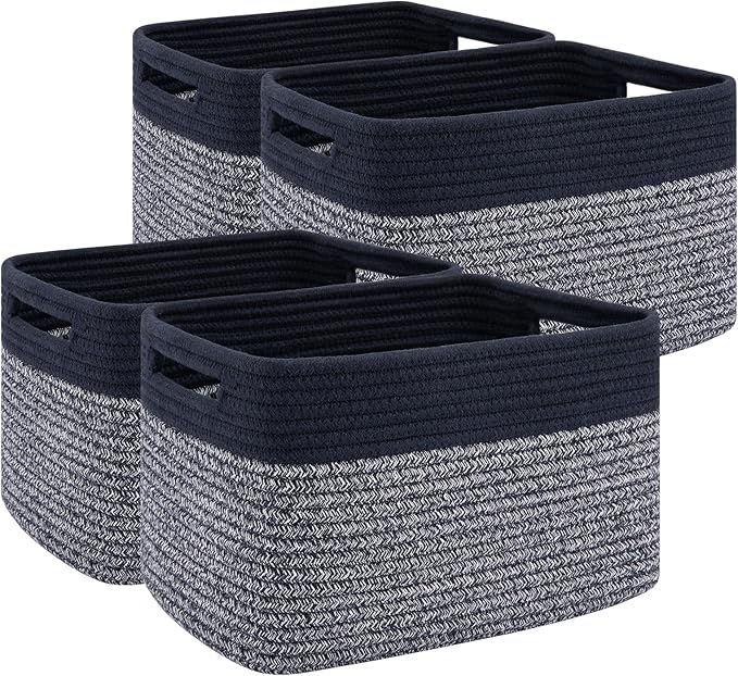 4 Pack Storage Baskets for Organizing, Woven Baskets for Shelves - Perfect for Toys, Books, Towels, and Clothes, Durable Gift Basket Bins Toy Storage, 13''L x9''W x7.8''H, Blue and Grey