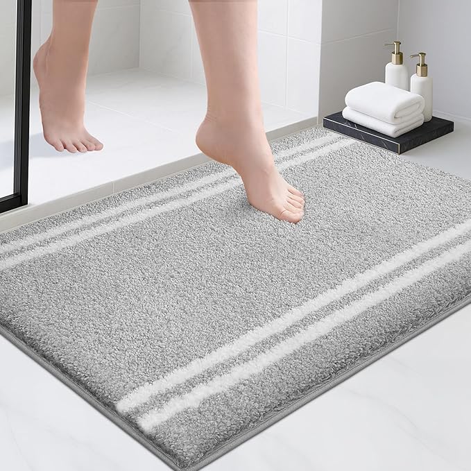PURRUGS Bathroom Rug Non-Slip Machine Washable 24" x 36", Super Absorbent and Quick Dry Shaggy Microfiber Bath Mat, Extra Soft and Plush Bath Rug for Bathtub, Shower and Sink, Light Grey