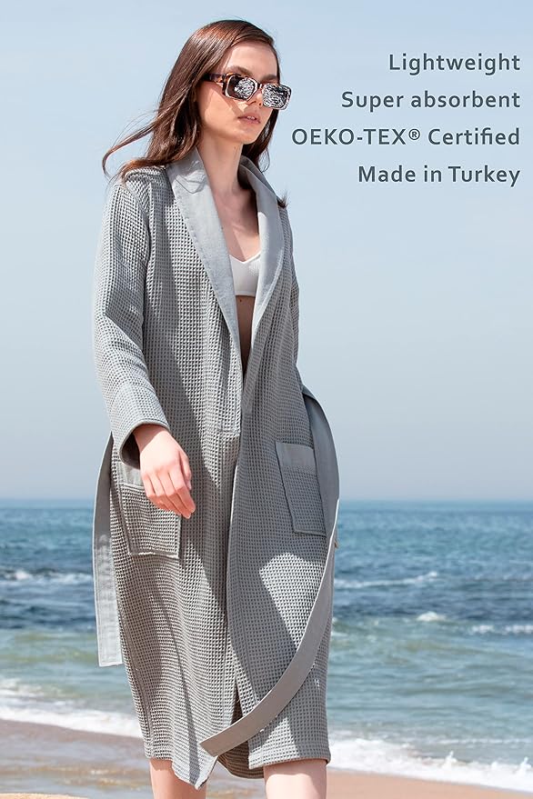 Women’s Luxury Waffle Shawl Collar, Hooded Robe w Piping – Lightweight, Long, Ultra Soft Spa Sleepwear Bathrobe