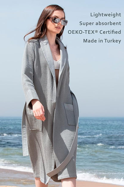 Women’s Luxury Waffle Shawl Collar, Hooded Robe w Piping – Lightweight, Long, Ultra Soft Spa Sleepwear Bathrobe