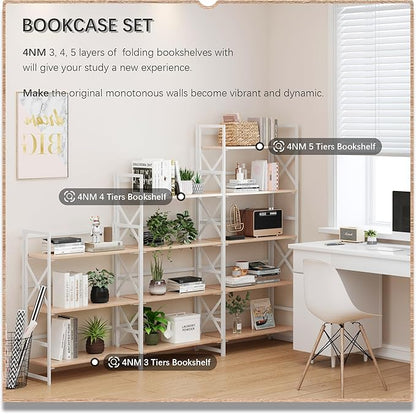 4NM 5 Tiers No Assembly Book Shelves, 51.2" H Folding Bookshelf Bookcase Open Industrial Foldable Shelves for Bedroom, Living Room, Home Office - Natural White