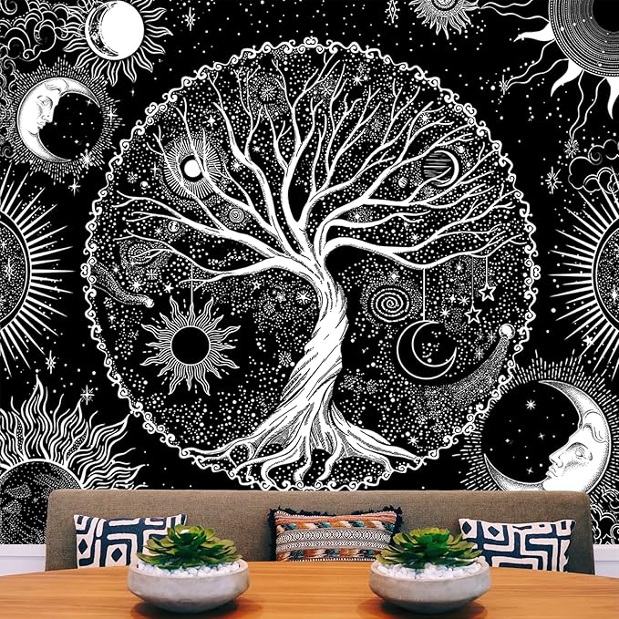 AACKart Tree of Life Tapestry for Bedroom Aesthetic Room Decor-Black and White Spiritual Tree Tapestry Wall Hanging with Sun Moon Star 59.1 x 51.2 inches