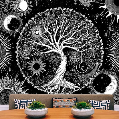 AACKart Tree of Life Tapestry for Bedroom Aesthetic Room Decor-Black and White Spiritual Tree Tapestry Wall Hanging with Sun Moon Star 59.1 x 51.2 inches